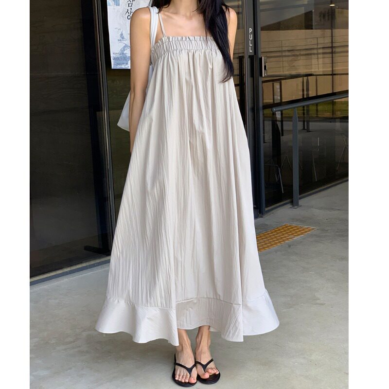 韩国chic 法式宽松大裙摆吊带连衣裙2026夏季新品中长款裙子女