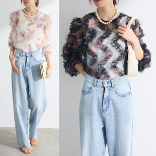 日韩跨境外贸春夏新款碎花木耳花边透视女防晒衫 叠穿外罩