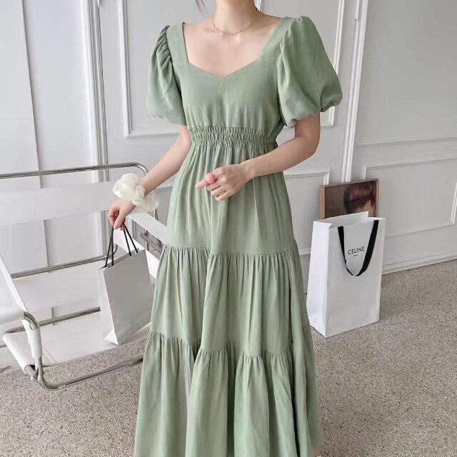 日韩chic2026夏季小众泡泡袖收腰显瘦中长款裙子女收腰长裙连衣裙
