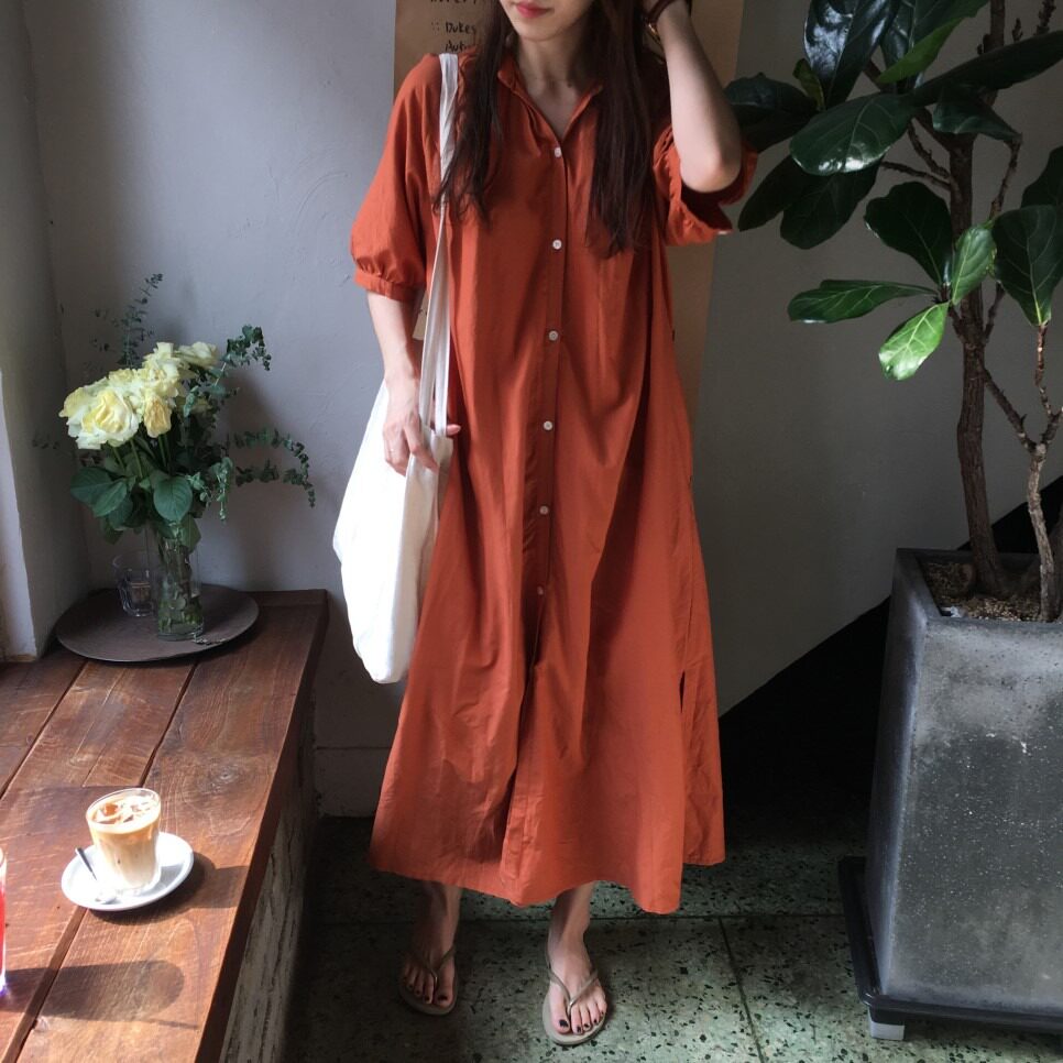 韩风单排扣连衣裙简约圆领纯色灯笼袖裙子衬衫长裙有口袋配腰带夏