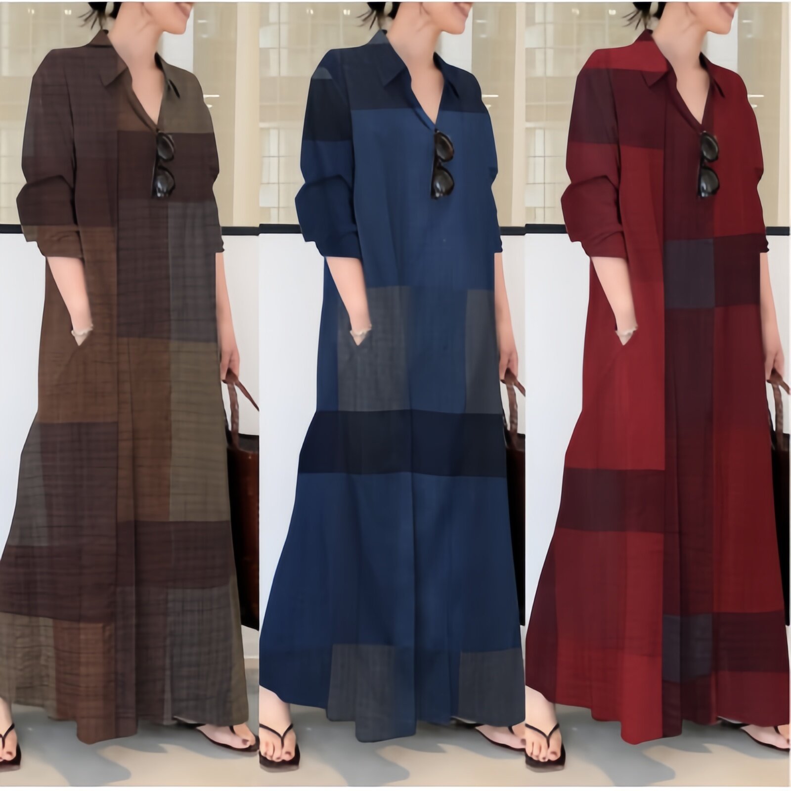 跨境外贸棉印花翻领大码长袖插袋宽松休闲长款衬衫连衣裙2026春季