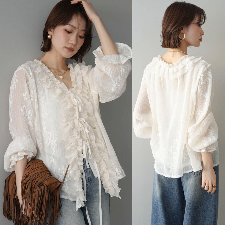 日系跨境春秋重工刺绣女时尚系带小开衫上衣披风蕾丝小外套女