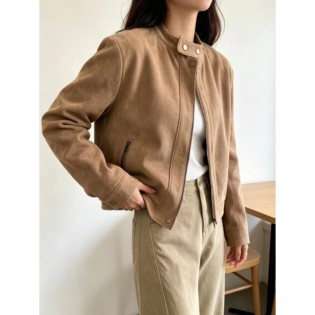 韩国chic2026秋季新品宽松显瘦鹿皮绒棒球服帅气机车外套开衫女