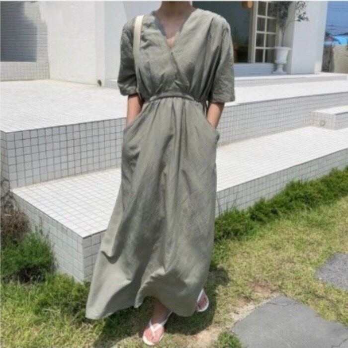 韩系chic2026夏季新品裙法式气质度假风 连衣裙两侧有口袋配腰带