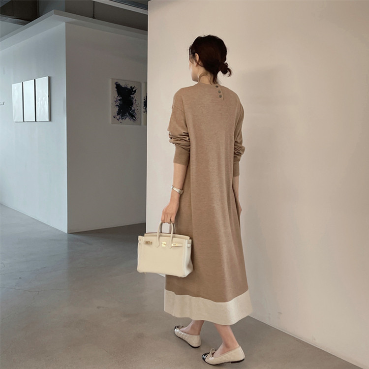 日韩chic长款毛衣裙过膝慵懒风26春装韩国宽松简约优雅针织连衣裙