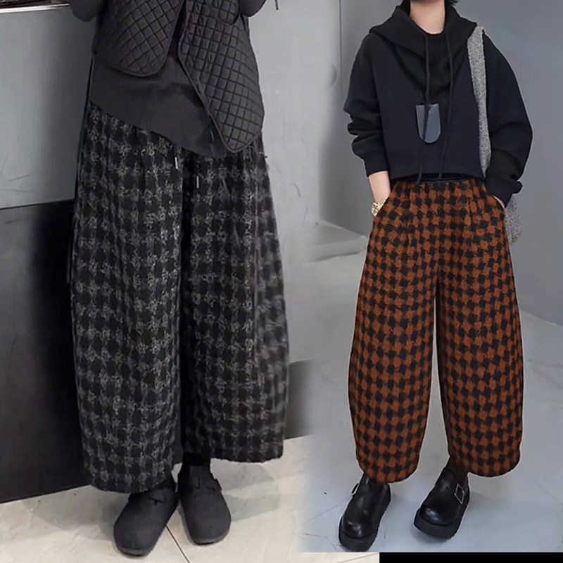 复古千鸟格毛呢哈伦裤大码女装休闲裤高腰宽松气球裤子女2026秋冬