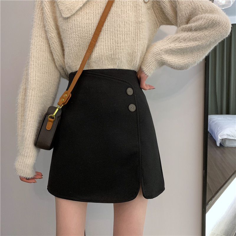 Korean high waisted, slim and versatile woolen A-line skirt