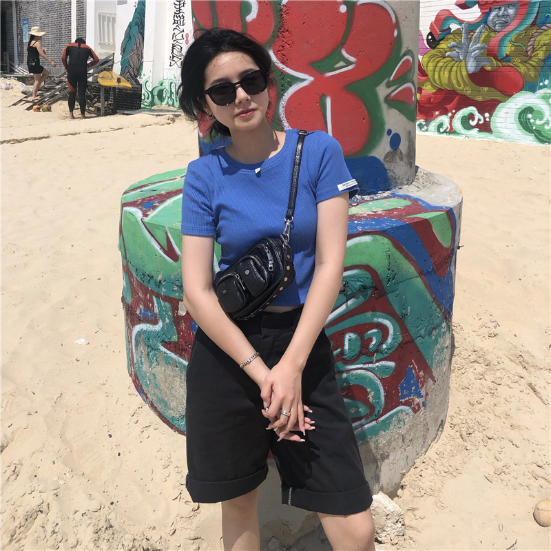 Real price slim and versatile rib solid short sleeve cotton T-shirt