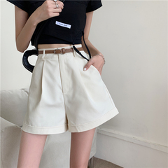Real price solid color simple high waist five point shorts loose casual pants with belt
