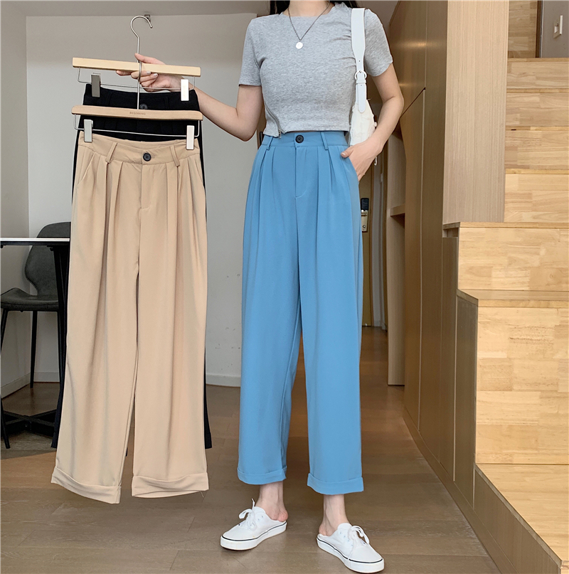 Real price, slim and versatile, slant zipper short T-shirt + high waist casual cropped suit pants