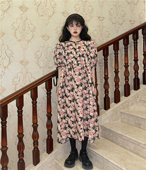 Real price French retro Western halo dyed floral medium length bubble sleeve dress