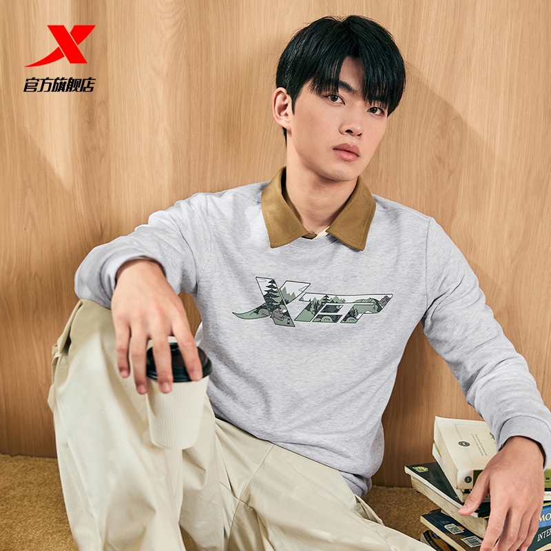 特步加绒卫衣男女同款冬季新款休闲百搭套头衫圆领刺绣情侣卫衣男