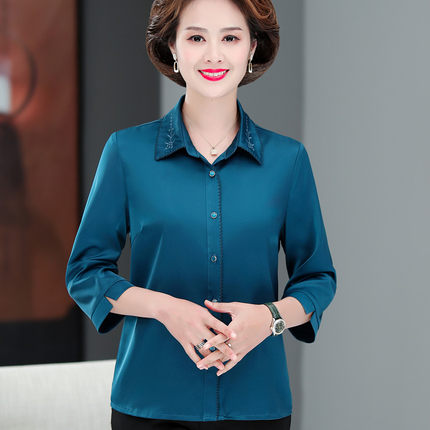 妈妈夏装重磅真丝衬衫洋气七分袖开衫上衣中老年女装高贵气质衬衣