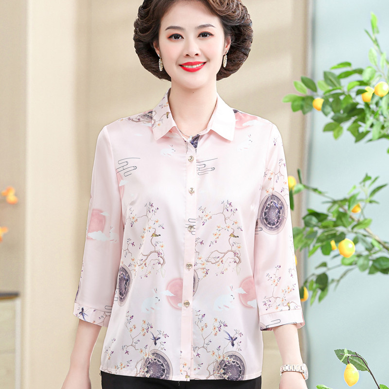 妈妈夏装真丝衬衫女套装洋气翻领大码上衣中老年女装薄款宽松衬衣