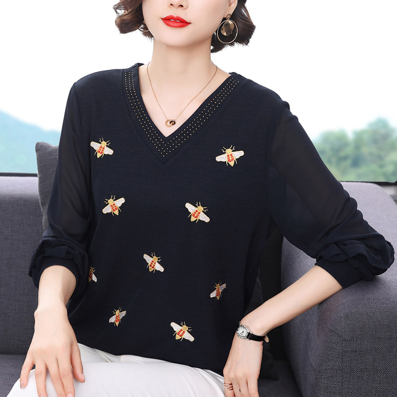 春秋新款雪纺拼接长袖t恤女中年妈妈宽松V领荷叶边上衣减龄打底衫
