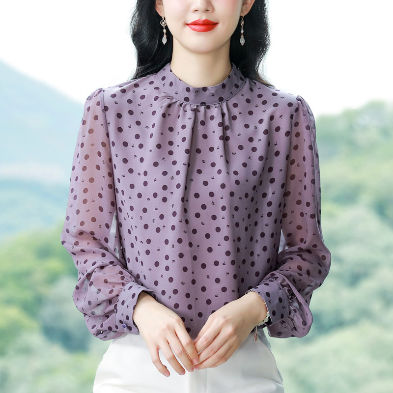 雪纺波点衬衫女秋装妈妈上衣