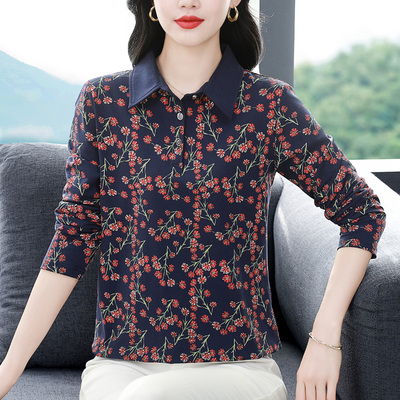 纯棉长袖t恤女翻领polo衫妈妈装