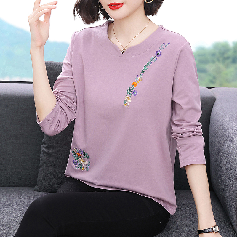 纯棉长袖t恤女宽松2025春秋新款中年妈妈洋气刺绣外穿上衣打底衫