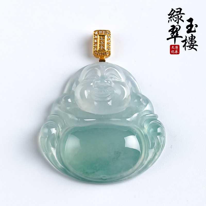 绿翠玉楼缅甸翡翠佛公吊坠玉佛挂件弥勒佛玉坠18K金镶玉笑佛504