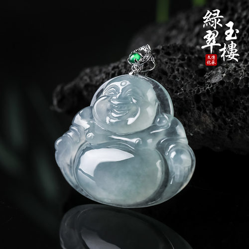 缅甸翡翠佛公吊坠镶嵌18K金扣头