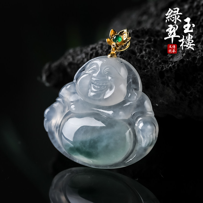 缅甸翡翠玉佛吊坠镶18K金扣