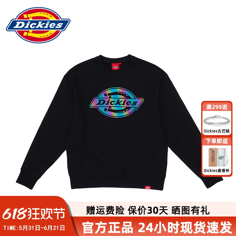 Dickies秋冬新款男圆领卫衣镭射炫彩大logo印花上衣女潮流时尚