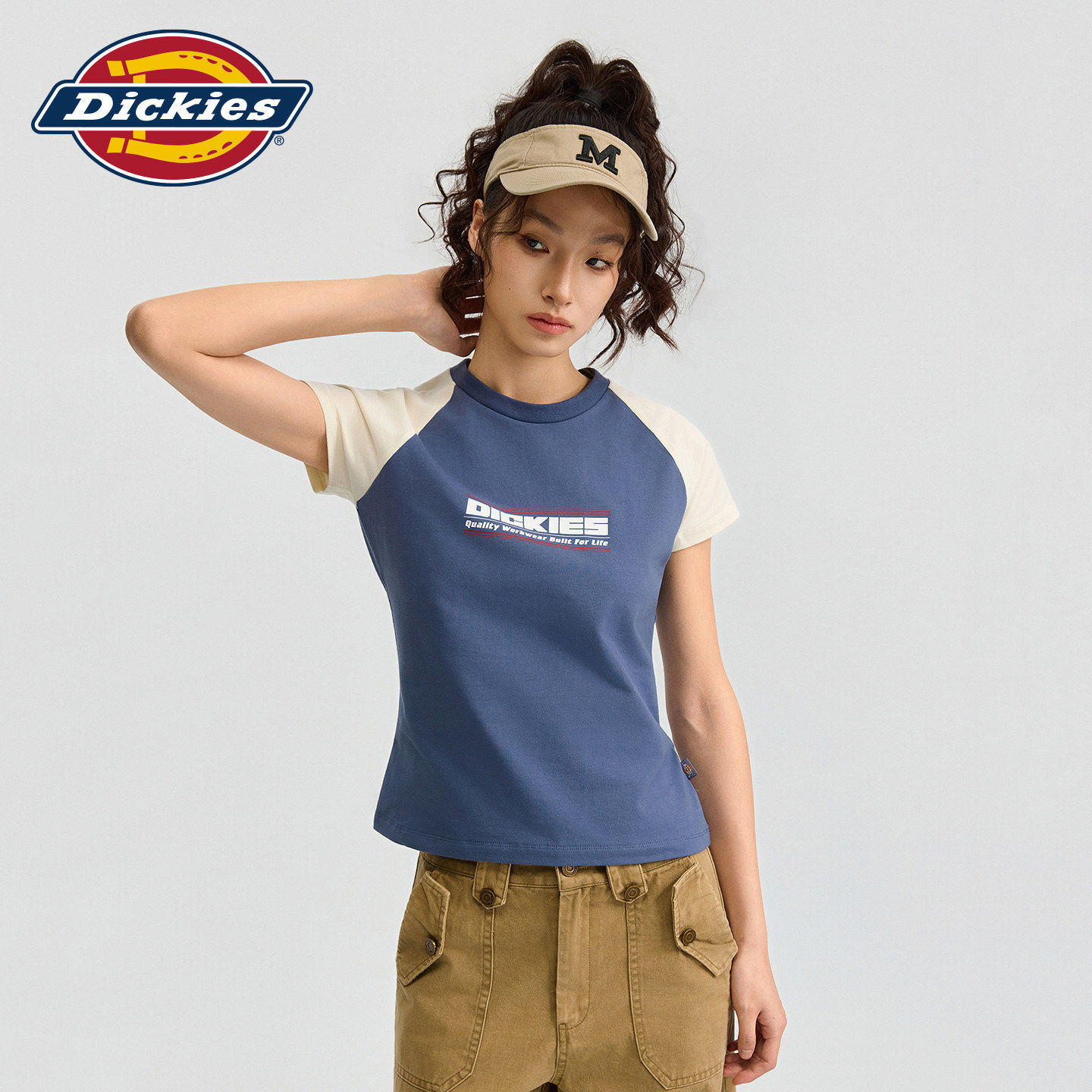 Dickies帝酷适甜酷工装风撞色插肩袖短款圆领短袖 女士休闲上衣
