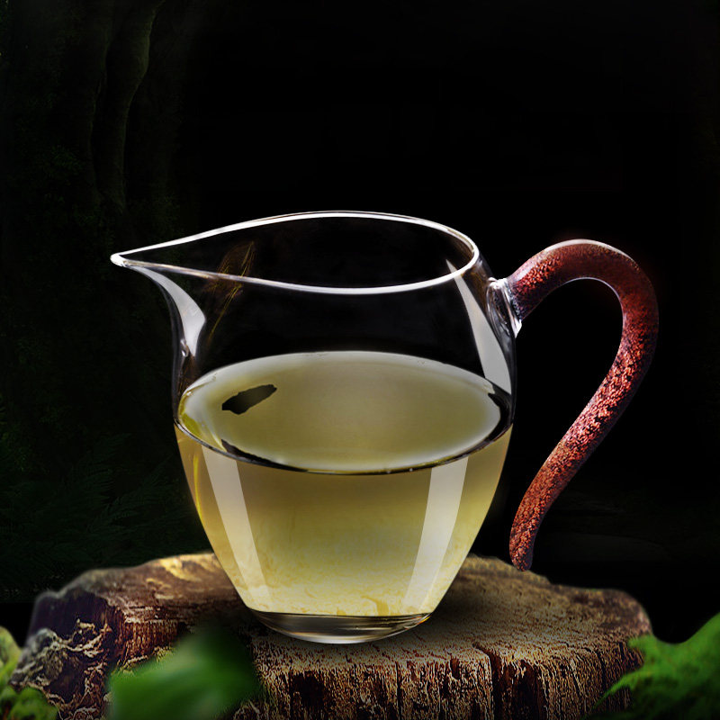 汉唐炫彩亮片手把公道杯手工吹制透明耐热玻璃分茶器茶海功夫茶具