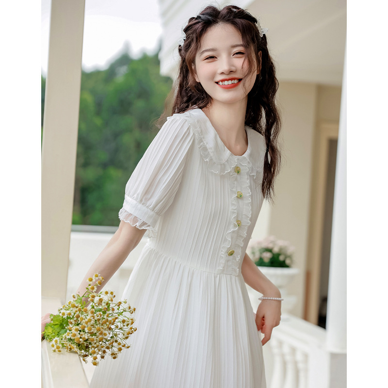 白色初恋裙2025夏季新款甜美清新蕾丝拼接连衣裙学生娃娃领仙女裙