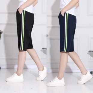 青少年夏季校服短裤白绿条初中生运动休闲7分裤儿童校裤黑蓝色薄