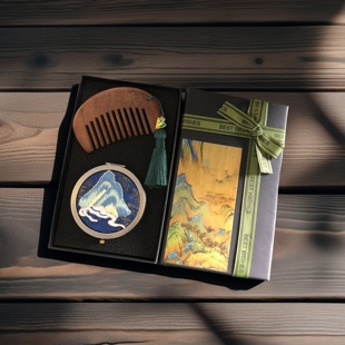 刺绣青山镜子天然檀木梳子结婚礼盒母亲节礼物实用生日礼物送女友