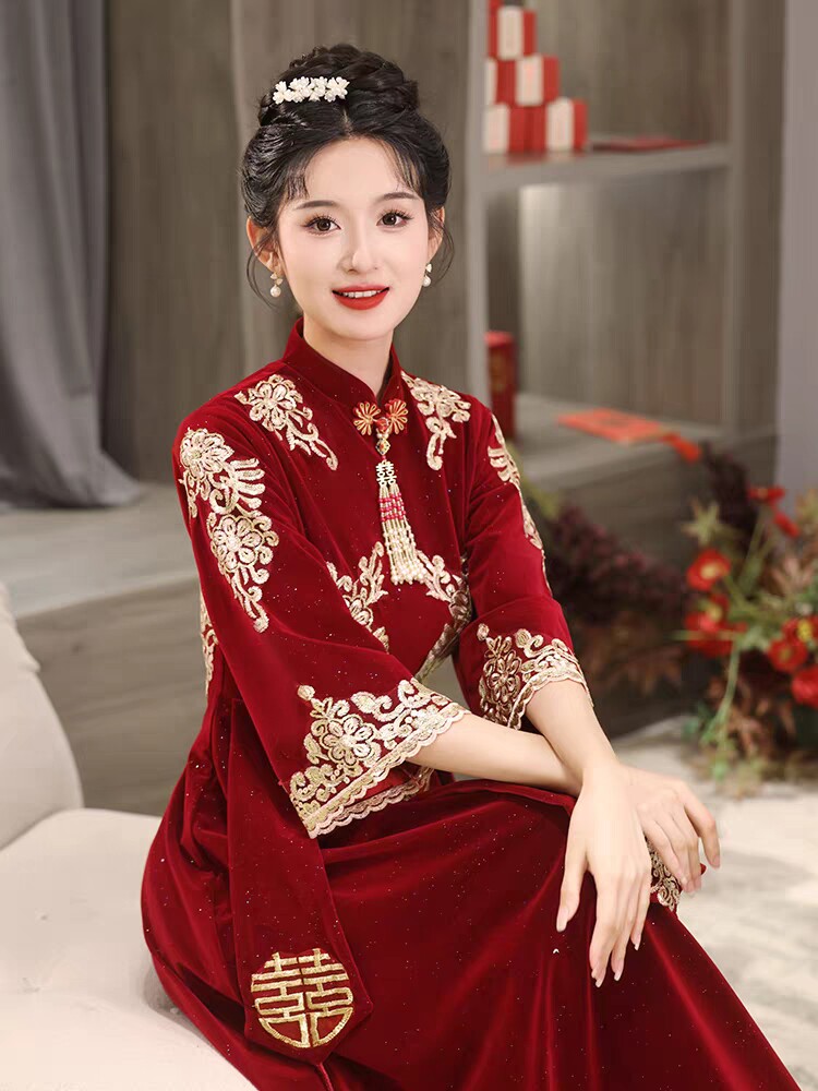 敬酒服新娘2023新款韩版时尚百搭长款立领冬季回门服订婚宴席礼服