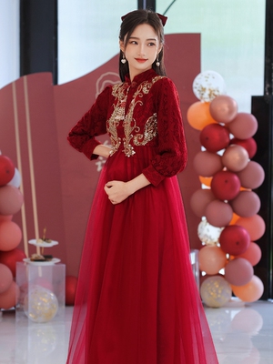 孕妇敬酒服新娘大码2022年新款时尚立领冬高腰订婚回门服蕾丝长款