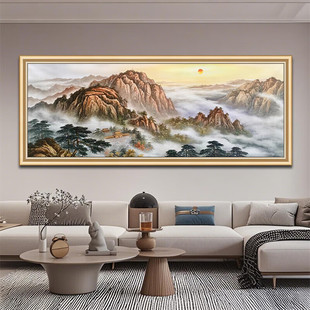 手绘山水油画泰山日出图办公室靠山背景墙壁挂画客厅沙发装饰画