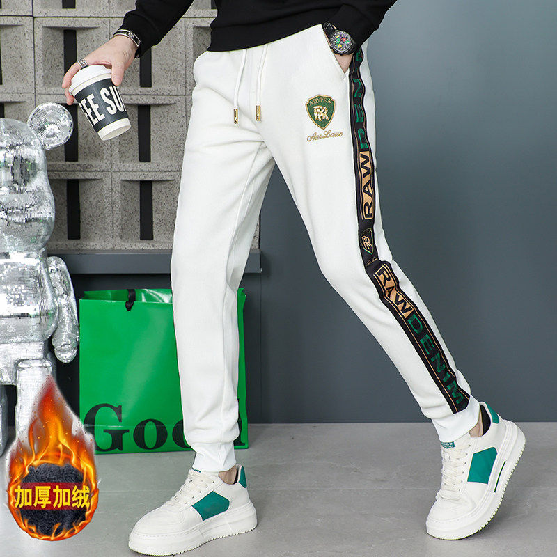 高端休闲裤男加绒加厚潮牌灯芯绒小脚修身束脚卫裤男士保暖长裤帅