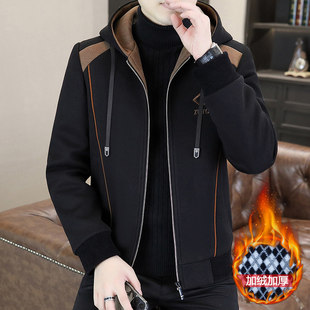 秋冬季连帽夹克男韩版高端加绒加厚短款风衣青年保暖毛呢大衣外套