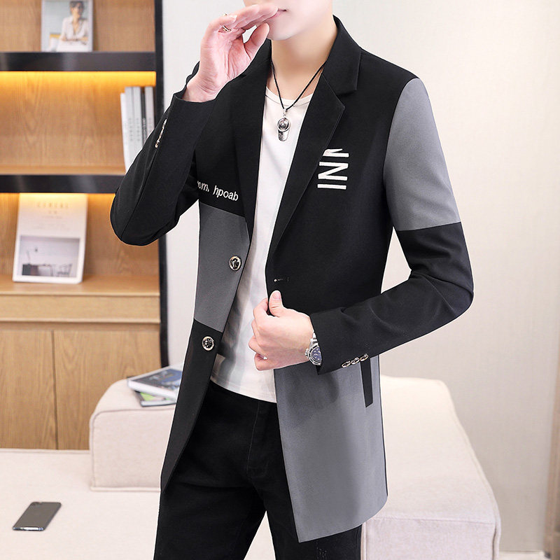 春秋季中长款风衣男士2024新款休闲西服拼接外套薄潮流修身小西装图片