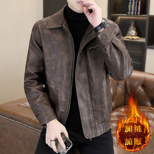 翻领修身青年加绒加厚皮衣冬季男士帅气机车夹克韩版潮流冬装外套
