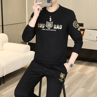 卫衣套装男春秋圆领烫钻运动长袖t恤两件套潮流修身欧货刺绣全套