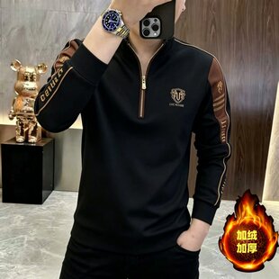 欧洲站秋季新款立领长袖卫衣男士轻奢时尚简约拼接重工烫钻POLO衫