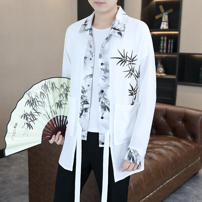新中式男装假两件拼接水墨画长袖衬衫上衣男竹叶印花披风外套