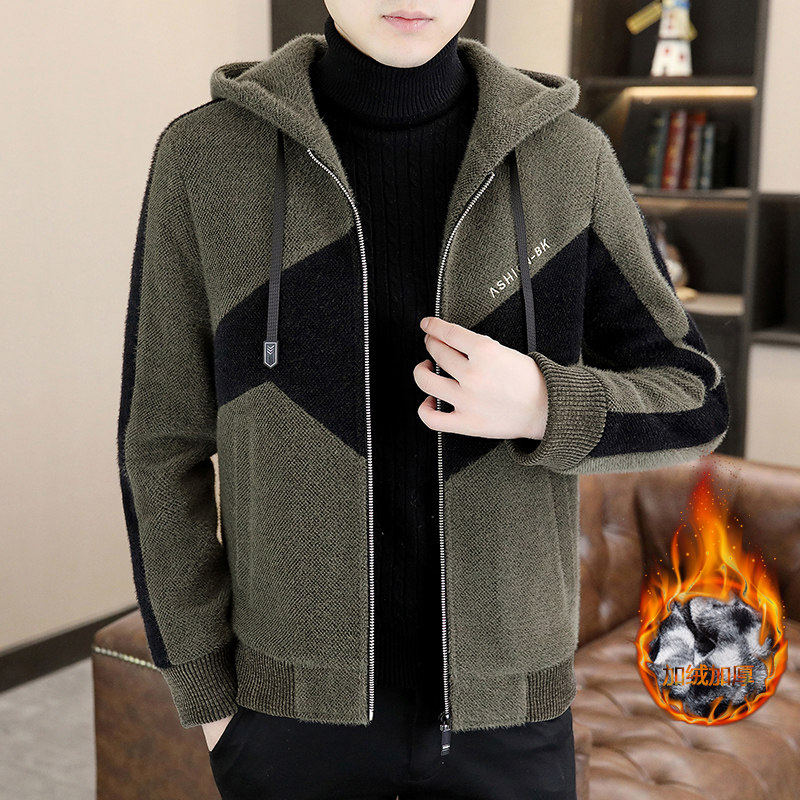 冬季加绒加厚短款金貂绒毛呢大衣男韩版修身青年连帽呢子风衣外套