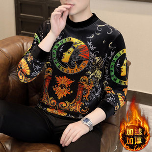 金丝绒卫衣男款时尚潮牌印花冬季加绒加厚长袖t恤内搭秋衣打底衫