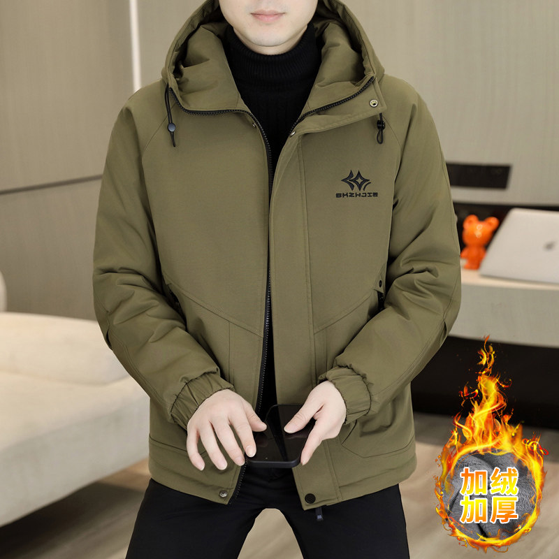 男士加绒加厚外套男装冬季连帽棉衣休闲工装夹克冬装韩版潮流衣服