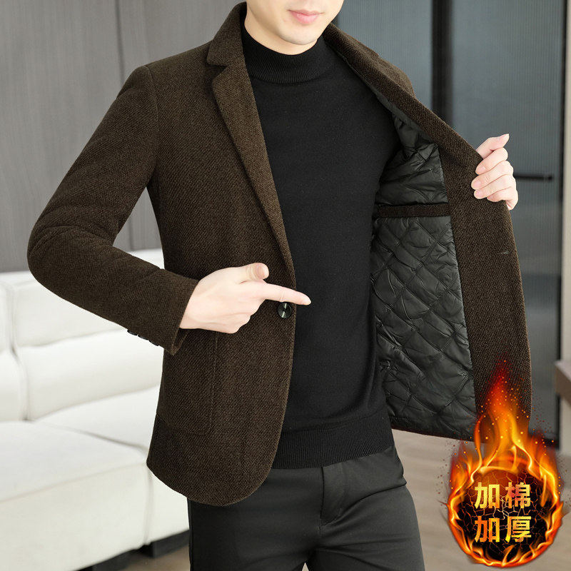 秋冬季加绒加厚西装外套男士时尚商务休闲冬装毛呢子小西服上衣朝