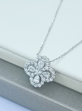 18k白金钻石项链65分水滴灵动四叶草锁骨链满钻群镶时尚毛衣链