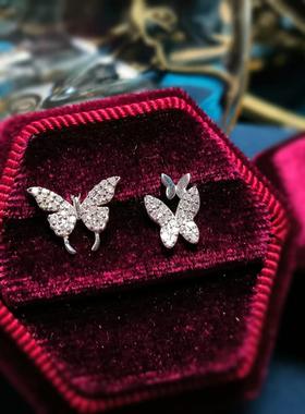 18K金钻石蝴蝶耳钉 天然钻耳钉时尚百搭个性款AB版真金天然钻耳钉
