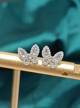18K白金小蝶钻石耳钉22分满钻精致可爱时尚耳饰经典百搭真钻耳环