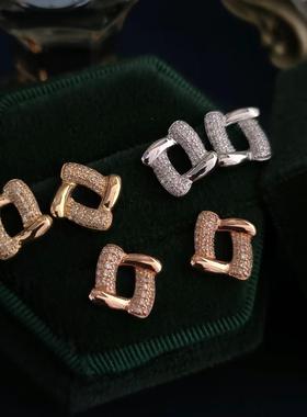 18K金钻石耳钉 菱形几何耳钉 满钻个性气质耳环 精致百搭新潮耳饰