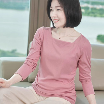 方领女款上衣高级感褶皱长袖T恤